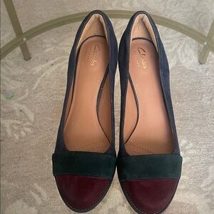 Clarks Women’s Suede Two-Tone Cap Toe Flats - Navy, Burgundy & Green